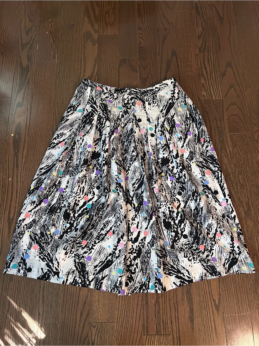 Vintage 80’s Abstract Print A-Line Midi Skirt in Black and Pastel Dots size 8